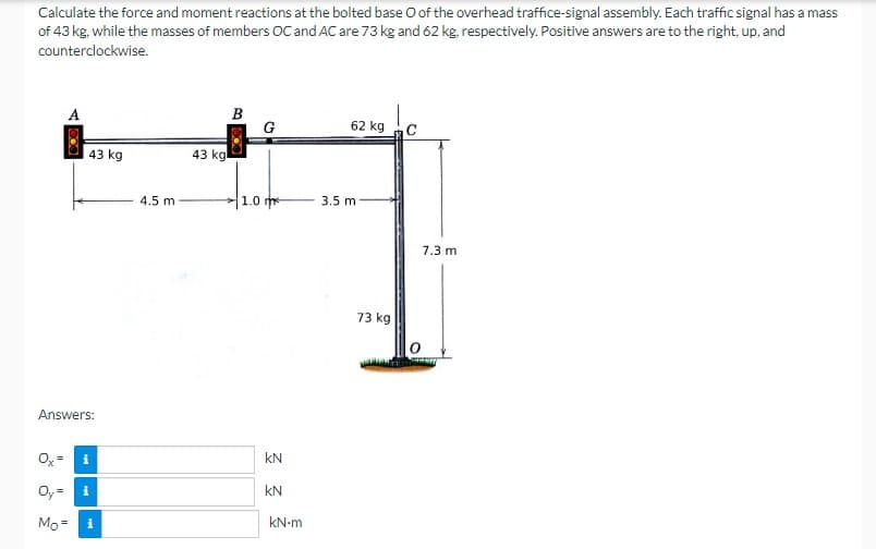 Calculate the force and moment reactions at the bolted base O of the overhead traffice-signal assembly. Each traffic signal has a mass
of 43 kg, while the masses of members OC and AC are 73 kg and 62 kg, respectively. Positive answers are to the right, up, and
counterclockwise.
43 kg
Answers:
Ox= i
Oy=
Mo=
i
i
4.5 m
43 kg
B
G
1.0 m
KN
KN
kN-m
62 kg
3.5 m
73 kg
C
7.3 m