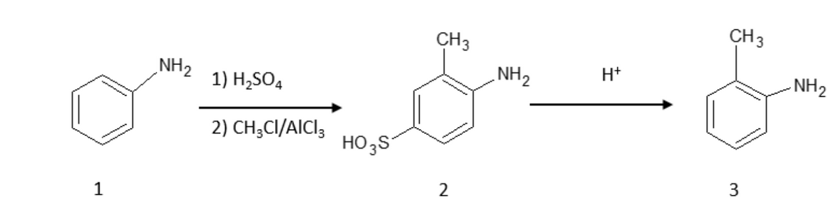 1
NH₂
1) H₂SO4
2) CH3CI/AICI3
HO 3S
CH3
NH₂
S
2
H+
CH 3
3
-NH₂