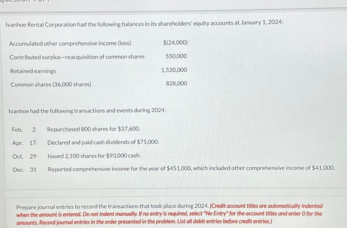 Ivanhoe Rental Corporation had the following balances in its shareholders' equity accounts at January 1, 2024:
Accumulated other comprehensive income (loss)
$(24,000)
Contributed surplus-reacquisition of common shares
550,000
Retained earnings
1,520,000
Common shares (36,000 shares)
828,000
Ivanhoe had the following transactions and events during 2024:
Feb. 2
Repurchased 800 shares for $37,600.
Apr. 17
Declared and paid cash dividends of $75,000.
Oct. 29
Issued 2,100 shares for $93,000 cash.
Dec. 31
Reported comprehensive income for the year of $451,000, which included other comprehensive income of $41,000.
Prepare journal entries to record the transactions that took place during 2024. (Credit account titles are automatically indented
when the amount is entered. Do not indent manually. If no entry is required, select "No Entry" for the account titles and enter O for the
amounts. Record journal entries in the order presented in the problem. List all debit entries before credit entries.)