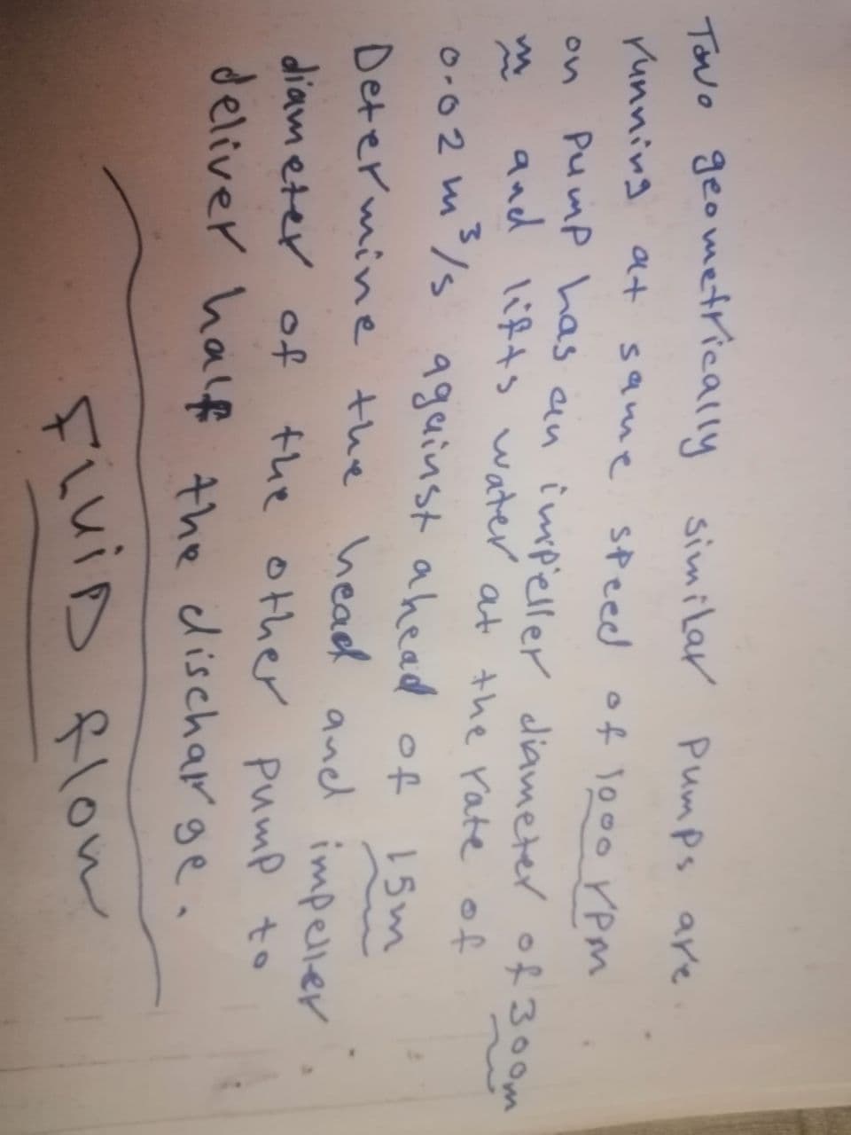 Tovo geometrically similar Pumps are
running at same speed of 1000 ✓PM
Pump has an impeller diameter of 300m
and lifts water at the rate of
2 m ²³/s against ahead of 15m
0.02m
Determine the head and impeller
diameter of
the other pump to
deliver half the discharge.
FiVid flow
FLUID