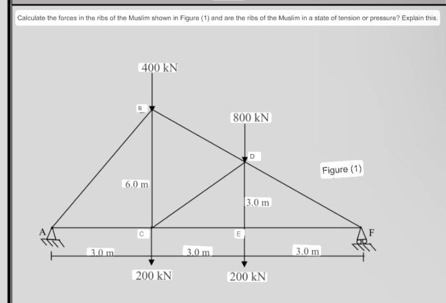 Calculate the forces in the ribs of the Muslim shown in Figure (1) and are the ribs of the Muslim in a state of tension or pressure? Explain this.
3.0m
400 KN
B
6.0 m
200 KN
3.0 m
800 KN
E
3.0 m
200 KN
3.0 m
Figure (1)
F