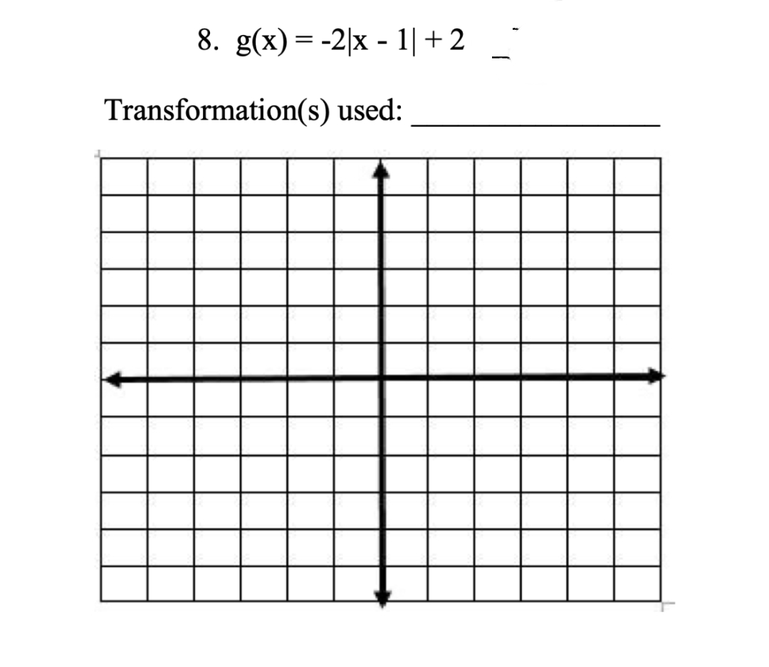 8. g(x) = -2|x - 1|+ 2
Transformation(s) used:
