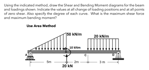 Using the indicated method, draw the Shear and Bending Moment diagrams for the beam
and loadings shown. Indicate the values at all change of loading positions and at all points
of zero shear. Also specify the degree of each curve. What is the maximum shear force
and maximum bending moment?
Use Area Method
150 kN/m
20 kN/m
10 kNm
5m
2m
3 m
20 kN
