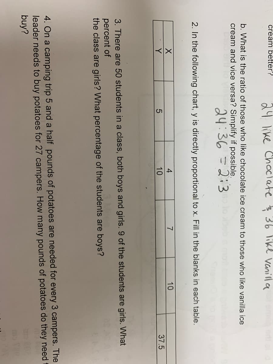 cream better?
24 like Choclate $ 36 like vanilla
b. What is the ratio of those who like chocolate ice cream to those who like vanilla ice
cream and vice versa? Simplify if possible.
24:36 =2:3
2. In the following chart, y is directly proportional to x. Fill in the blanks in each table.
4
7
10
Y
10
37.5
3. There are 50 students in a class, both boys and girls. 9 of the students are girls. What
percent of
the class are girls? What percentage of the students are boys?
4. On a camping trip 5 and a half pounds of potatoes are needed for every 3 campers. The
leader needs to buy potatoes for 27 campers. How many pounds of potatoes do they need
buy?
