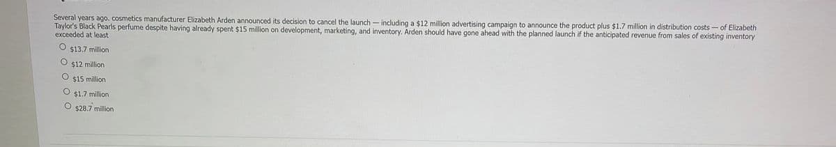 Several years ago. cosmetics manufacturer Elizabeth Arden announced its decision to cancel the launch - including a $12 million advertising campaign to announce the product plus $1.7 million in distribution costs - of Elizabeth
Taylor's Black Pearls perfume despite having already spent $15 million on development, marketing, and inventory. Arden should have gone ahead with the planned launch if the anticipated revenue from sales of existing inventory
exceeded at least
$13.7 million
$12 million
O $15 million
O $1.7 million
$28.7 million

