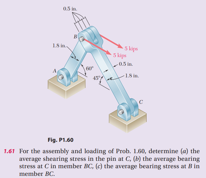 0.5 in.
В
1.8 in.
5 kips
5 kips
- 0.5 in.
A
60°
1.8 in.
45°
C
Fig. P1.60
1.61 For the assembly and loading of Prob. 1.60, determine (a) the
average shearing stress in the pin at C, (b) the average bearing
stress at C in member BC, (c) the average bearing stress at B in
member BC.
