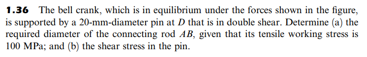 1.36 The bell crank, which is in equilibrium under the forces shown in the figure,
is supported by a 20-mm-diameter pin at D that is in double shear. Determine (a) the
required diameter of the connecting rod AB, given that its tensile working stress is
100 MPa; and (b) the shear stress in the pin.
