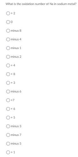 What is the oxidation number of Na in sodium metal?
O+2
00
minus 8
O minus 4
minus 1
O minus 2
