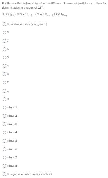 For the reaction below, determine the difference in relevant particles that al
determination in the sign of ASO.
CrP Oa) +3 Na Cla a - NagPOgia al + CrClgja q
OA positive number (9 or greater)
08
07
06
Os
