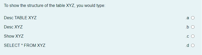 To show the structure of the table XYZ, you would type:
Desc TABLE XYZ
.a O
Desc XYZ
.b O
Show XYZ
.c O
SELECT * FROM XYZ
.d O
