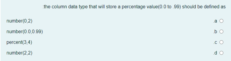 the column data type that will store a percentage value(0.0 to .99) should be defined as
number(0,2)
.a O
number(0.0,0.99)
.b O
percent(3,4)
.c O
number(2,2)
.d O
