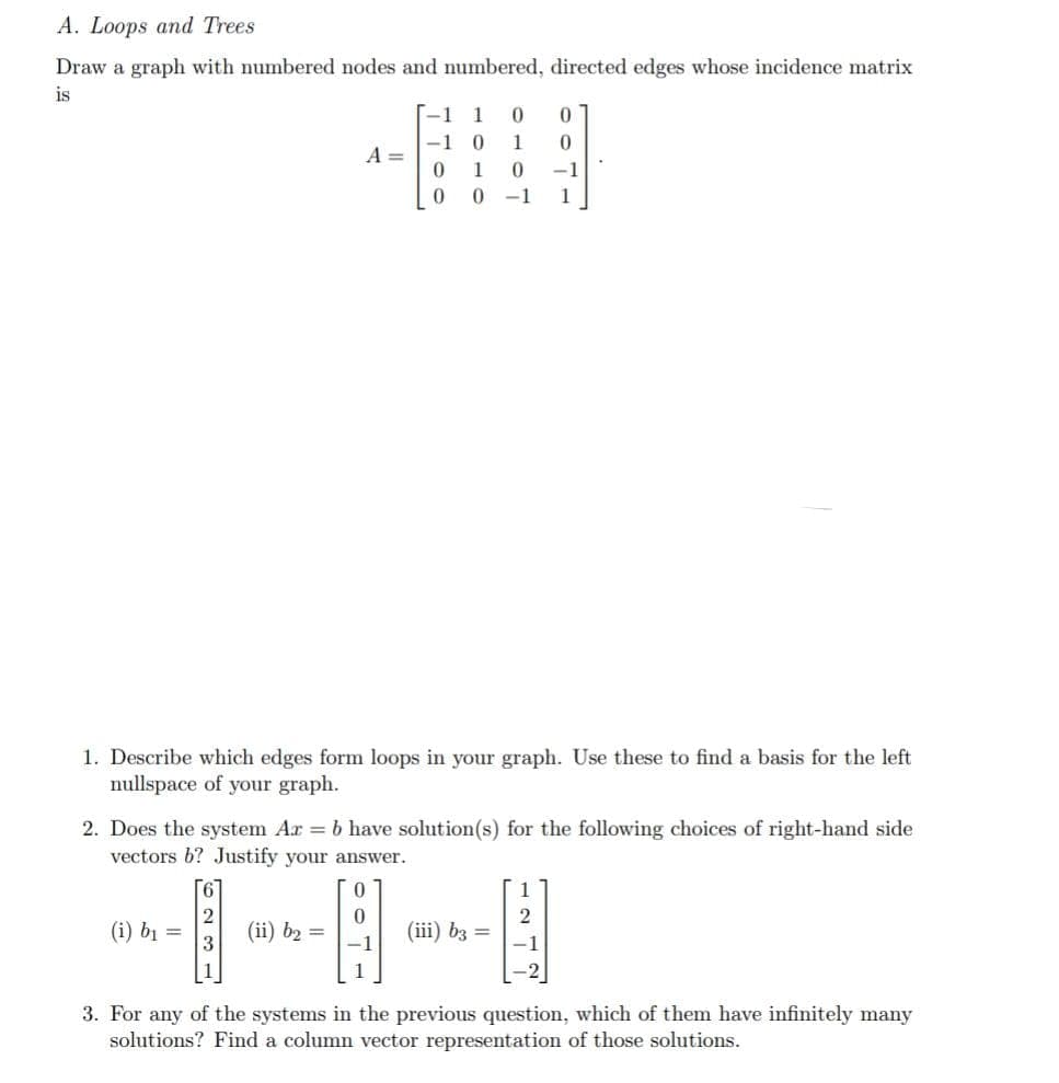 A. Loops and Trees
Draw a graph with numbered nodes and numbered, directed edges whose incidence matrix
is
A =
(i) b₁ =
-1 1
-1 0
0 0
1 0
01
0 -1
00 -1 1
1. Describe which edges form loops in your graph. Use these to find a basis for the left
nullspace of your graph.
(ii) b₂ =
2. Does the system Ar = b have solution(s) for the following choices of right-hand side
vectors b? Justify your answer.
(iii) b3 =
2
3. For any of the systems in the previous question, which of them have infinitely many
solutions? Find a column vector representation of those solutions.