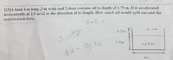 Q3)A tank 6 m long 3 m wide and 2 deep contains oil to depth of 1.75 m .If it accelerated
horizontally at 2.5 m/s2 in the direction of its length. How much oil would spill out and the
acceleration force.
P-Pe
0.25m
1.75m
sg-0.85
