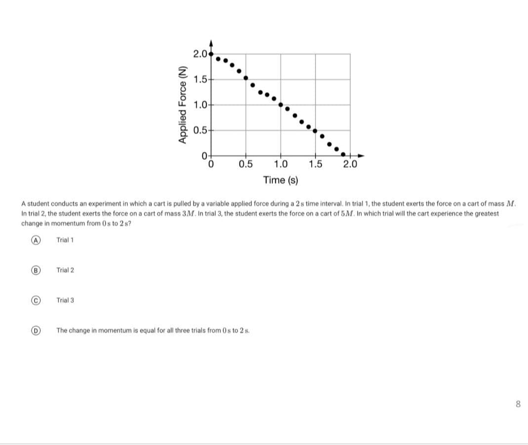 (B
C
Trial 2
Applied Force (N)
Trial 3.
2.0
1.5-
1.0-
0.5-
0
0
0.5
A student conducts an experiment in which a cart is pulled by a variable applied force during a 2 s time interval. In trial 1, the student exerts the force on a cart of mass M.
student exerts the force on a cart of 5M. In which trial will the cart experience the greatest
In trial 2, the student exerts the force on a cart of mass 3M. In trial 3, 1
change in momentum from 0s to 2 s?
Trial 1
1.0
Time (s)
The change in momentum is equal for all three trials from 0s to 2 s.
1.5
2.0
8