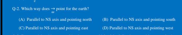 Q-2. Which way does → point for the earth?
(A) Parallel to NS axis and pointing north
(B) Parallel to NS axis and pointing south
(C) Parallel to NS axis and pointing east
(D) Parallel to NS axis and pointing west
