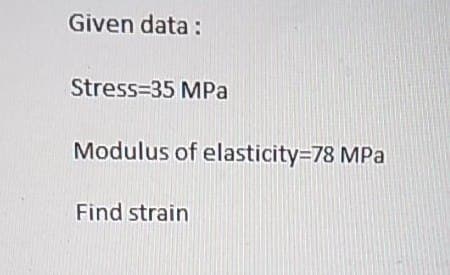 Given data:
Stress-35 MPa
Modulus of elasticity=78 MPa
Find strain