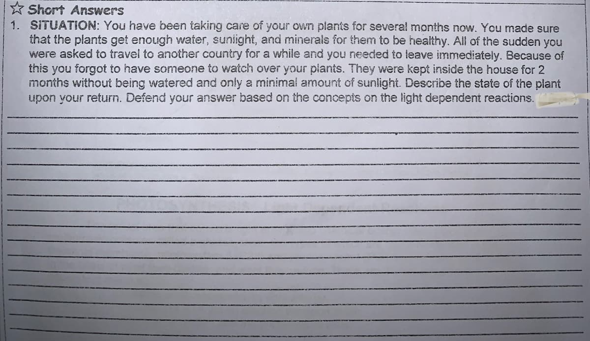 * Short Answers
1. SITUATION: You have been taking care of your own plants for several months now. You made sure
that the plants get enough water, sunight, and minerals for them to be healthy. All of the sudden you
were asked to travel to another country for a while and you needed to leave immediately. Because of
this you forgot to have someone to watch over your plants. They were kept inside the house for 2
months without being watered and only a minimal amount of sunlight. Describe the state of the plant
upon your return. Defend your answer based on the concepts on the light dependent reactions.
