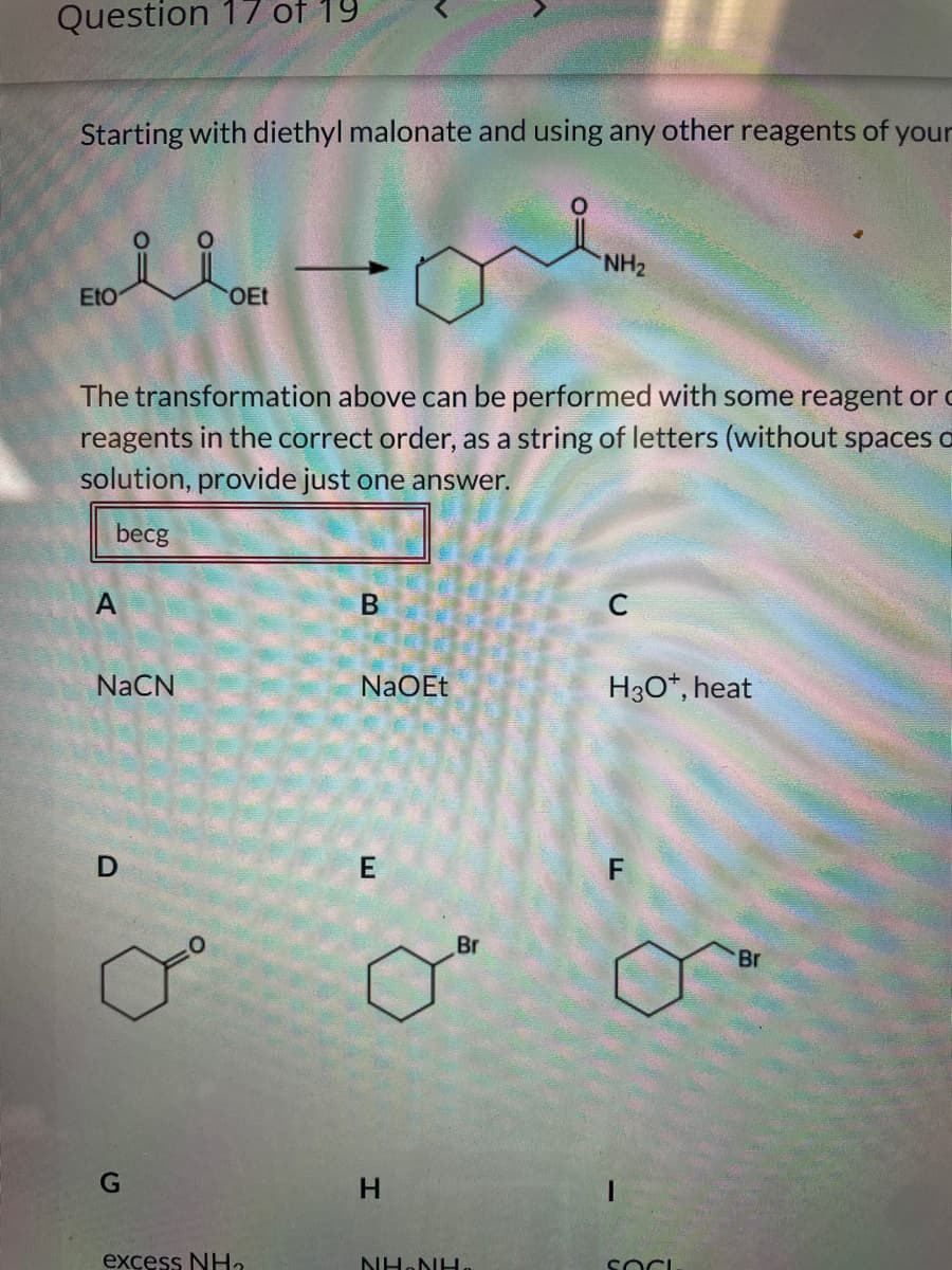 Question 17 of 19
Starting with diethyl malonate and using any other reagents of your
Eto OEt
The transformation above can be performed with some reagent or
reagents in the correct order, as a string of letters (without spaces o
solution, provide just one answer.
becg
A
NaCN
D
G
excess NH₂
B
NaOEt
E
H
Br
NH₂
NHUNU
C
H3O+, heat
F
SOCI
Br