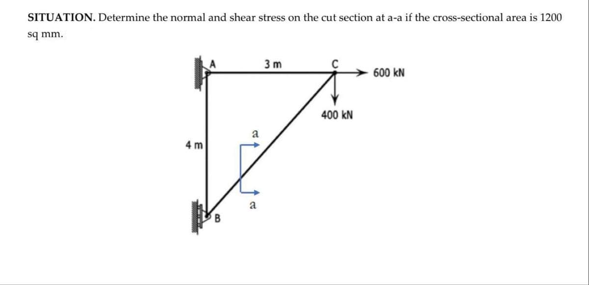 SITUATION. Determine the normal and shear stress on the cut section at a-a if the cross-sectional area is 1200
sq mm.
3 m
600 kN
400 kN
a
4 m
a
В
