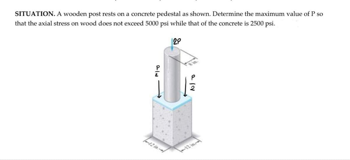 SITUATION. A wooden post rests on a concrete pedestal as shown. Determine the maximum value of P so
that the axial stress on wood does not exceed 5000 psi while that of the concrete is 2500 psi.
|2P
2
2
-12 in
