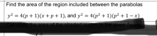 Find the area of the region included between the parabolas
y? = 4(p + 1)(x + p + 1), and y² = 4(p² + 1)(p² + 1-x)
ulate the area of he shaded region in the given figure
