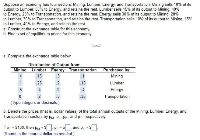 Suppose an economy has four sectors: Mining, Lumber, Energy, and Transportation. Mining sells 10% of its
output to Lumber, 50% to Energy, and retains the rest. Lumber sells 15% of its output to Mining, 40%
to Energy, 20% to Transportation, and retains the rest. Energy sells 30% of its output to Mining, 20%
to Lumber, 30% to Transportation, and retains the rest. Transportation sells 10% of its output to Mining, 15%
to Lumber, 40% to Energy, and retains the rest.
a. Construct the exchange table for this economy.
b. Find a set of equilibrium prices for this economy.
a. Complete the exchange table below.
Distribution of Output from:
Mining Lumber Energy Transportation
Purchased by:
.15
.3
.1
Mining
1
25
.2
.15
Lumber
.5
4
.2
4
Energy
0
.2
.3
.35
Transportation
(Type integers or decimals.)
b. Denote the prices (that is, dollar values) of the total annual outputs of the Mining, Lumber, Energy, and
Transportation sectors by PM. PL. PE and PT, respectively.
If p+ $100, then PM = SPL = $
(Round to the nearest dollar as needed.)
and PE =$