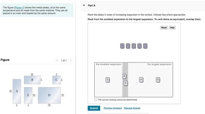 The figure (Figure 1) shows five metal plates, all at the same
temperature and all made from the same material. They are all
placed in an oven and heated by the same amount.
Figure
<1 of 1 >
CL
D 2L
3L
3L A
L
21
B
E 21
L
Part A
Rank the plates in order of increasing expansion in the vertical. Indicate ties where appropriate.
Rank from the smallest expansion to the largest expansion. To rank items as equivalent, overlap them.
Reset Help
the smallest expansion
C
The correct ranking cannot be determined.
Submit Previous Answers Request Answer
the largest expansion
D