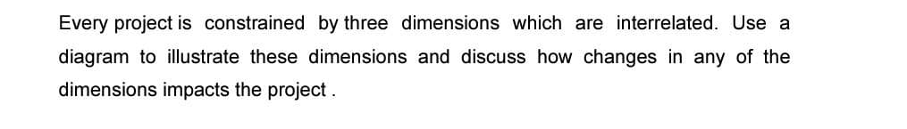 Every project is constrained by three dimensions which are interrelated. Use a
diagram to illustrate these dimensions and discuss how changes in any of the
dimensions impacts the project.