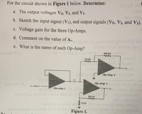 For the circuit shown in Figure 1 below. Determine:
a. The output voltages Vo, V2, and V3.
b. Sketch the input signal (V₁), and output signals (Vo, V₂, and V3).
c. Voltage gain for the three Op-Amps.
d. Comment on the value of Av.
e. What is the name of each Op-Amp?
200 k
m
2012
m
Op-Amp 2
V₁-02 V
Op-Amp 1
200
m
10
Figure 1.
Op-Amp 3