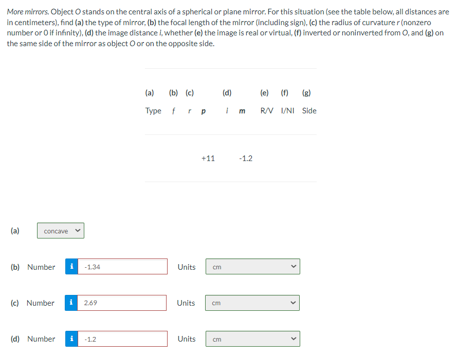More mirrors. Object O stands on the central axis of a spherical or plane mirror. For this situation (see the table below, all distances are
in centimeters), find (a) the type of mirror, (b) the focal length of the mirror (including sign), (c) the radius of curvature r (nonzero
number or O if infinity), (d) the image distance i, whether (e) the image is real or virtual, (f) inverted or noninverted from O, and (g) on
the same side of the mirror as object O or on the opposite side.
(a)
(b) (c)
(d)
(e) (f)
(g)
Type f
r p
i
R/V I/NI Side
m
+11
-1.2
(a)
concave
(b) Number
i
-1.34
Units
cm
(c) Number
i
2.69
Units
cm
(d) Number
i
-1.2
Units
cm
