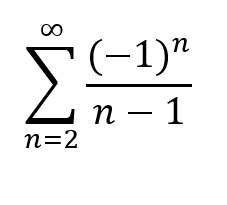 The image depicts a mathematical series represented as:

\[
\sum_{n=2}^{\infty} \frac{(-1)^n}{n - 1}
\]

This is an infinite series that starts at \( n = 2 \) and continues indefinitely. Each term in the series is given by the formula:

\[
\frac{(-1)^n}{n - 1}
\]

### Explanation:

- **Summation Symbol (\(\sum\))**: This indicates that you are summing multiple terms from \( n = 2 \) to infinity.
- **\((-1)^n\)**: This part of the formula alternates the sign of each term. When \( n \) is even, \((-1)^n = 1\); when \( n \) is odd, \((-1)^n = -1\).
- **\(n - 1\)**: In the denominator, \( n - 1 \) implies that each term in the series is divided by one less than its index.

This series is an example from mathematical analysis involving alternating series.