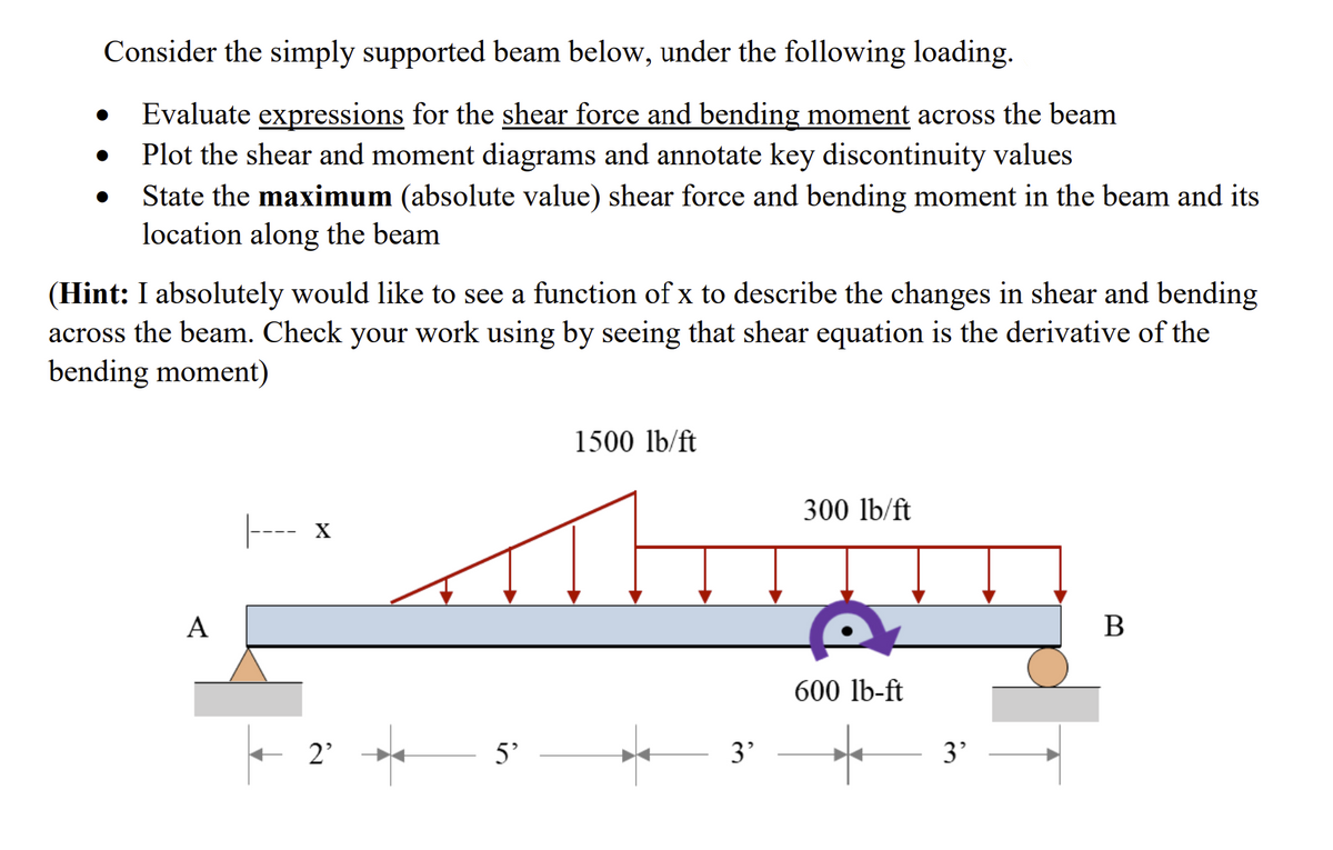 Consider the simply supported beam below, under the following loading.
Evaluate expressions for the shear force and bending moment across the beam
Plot the shear and moment diagrams and annotate key discontinuity values
State the maximum (absolute value) shear force and bending moment in the beam and its
location along the beam
(Hint: I absolutely would like to see a function of x to describe the changes in shear and bending
across the beam. Check your work using by seeing that shear equation is the derivative of the
bending moment)
1500 lb/ft
300 lb/ft
|---- x
A
В
600 lb-ft
2'
3'
3'
in
