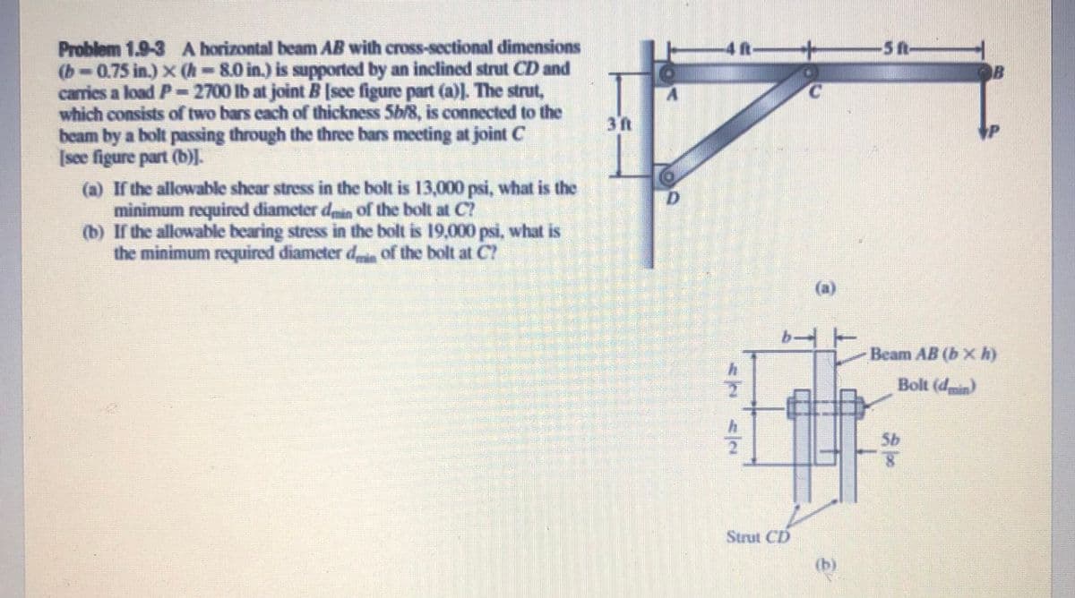 Problem 1.9-3 A horizontal beam AB with cross-sectional dimensions
(b-0.75 in.) X (h-8.0 in.) is supported by an inclined strut CD and
carries a load P- 2700 lb at joint B Isee figure part (a)l. The strut,
which consists of two bars each of thickness 5h/8, is connected to the
beam by a bolt passing through the three bars meeting at joint C
[see figure part (b).
-4R-
-5 t-
OB
3 t
(a) If the allowable shear stress in the bolt is 13,000 psi, what is the
minimum required diameter dain of the bolt at C?
(b) If the allowable bearing stress in the bolt is 19,000 psi, what is
the minimum required diameter d of the bolt at C?
D.
(a)
Beam AB (b × h)
Bolt (din)
Sb
Strut CD
(b)
