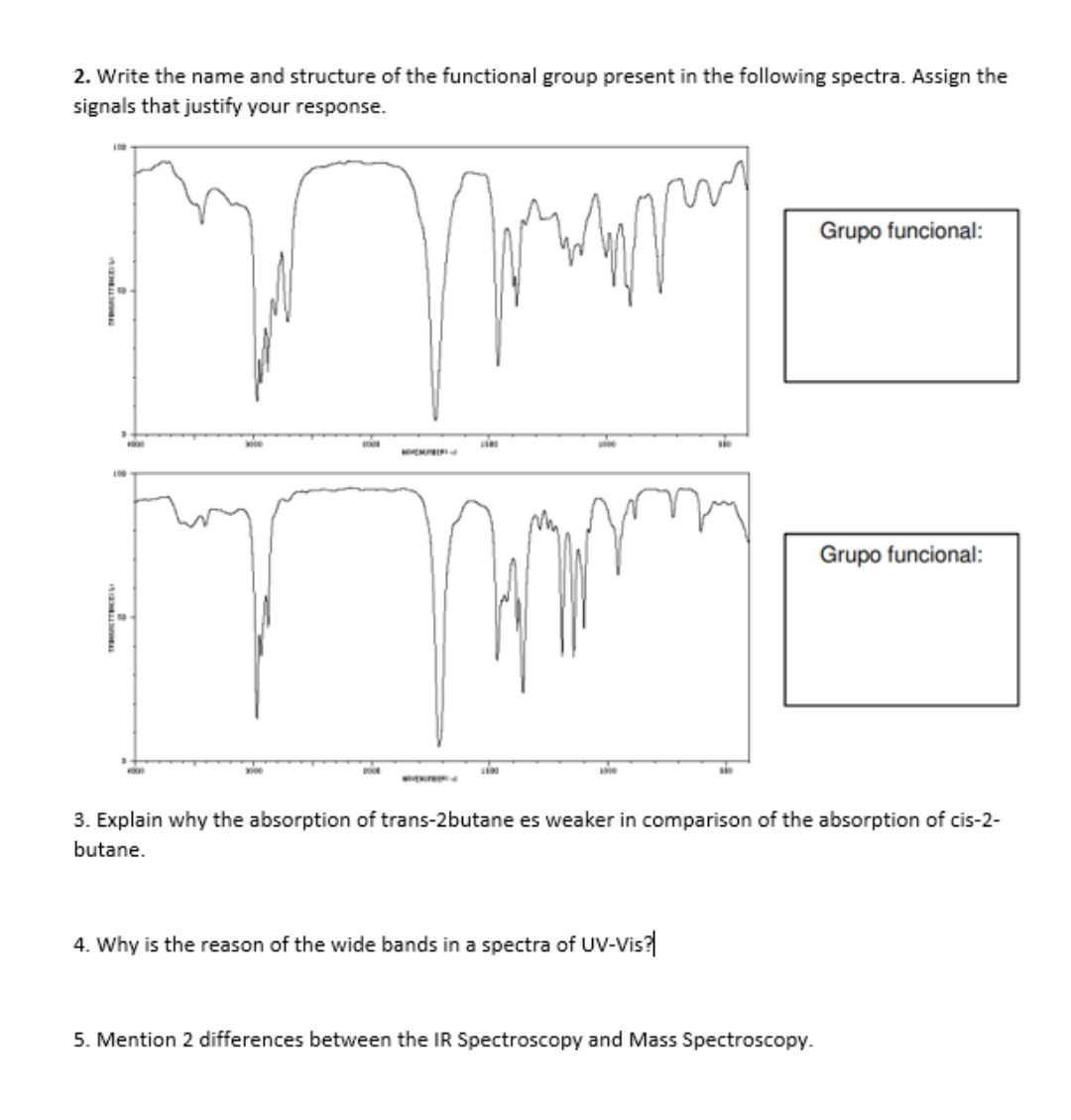 2. Write the name and structure of the functional group present in the following spectra. Assign the
signals that justify your response.
Grupo funcional:
Grupo funcional:
3. Explain why the absorption of trans-2butane es weaker in comparison of the absorption of cis-2-
butane.
4. Why is the reason of the wide bands in a spectra of UV-Vis?
5. Mention 2 differences between the IR Spectroscopy and Mass Spectroscopy.
