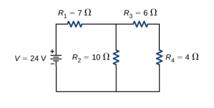 R1 = 7 N
R3 = 6 N
%3D
V = 24 V = R, = 10 N
{
R4 = 4 N
%3D
