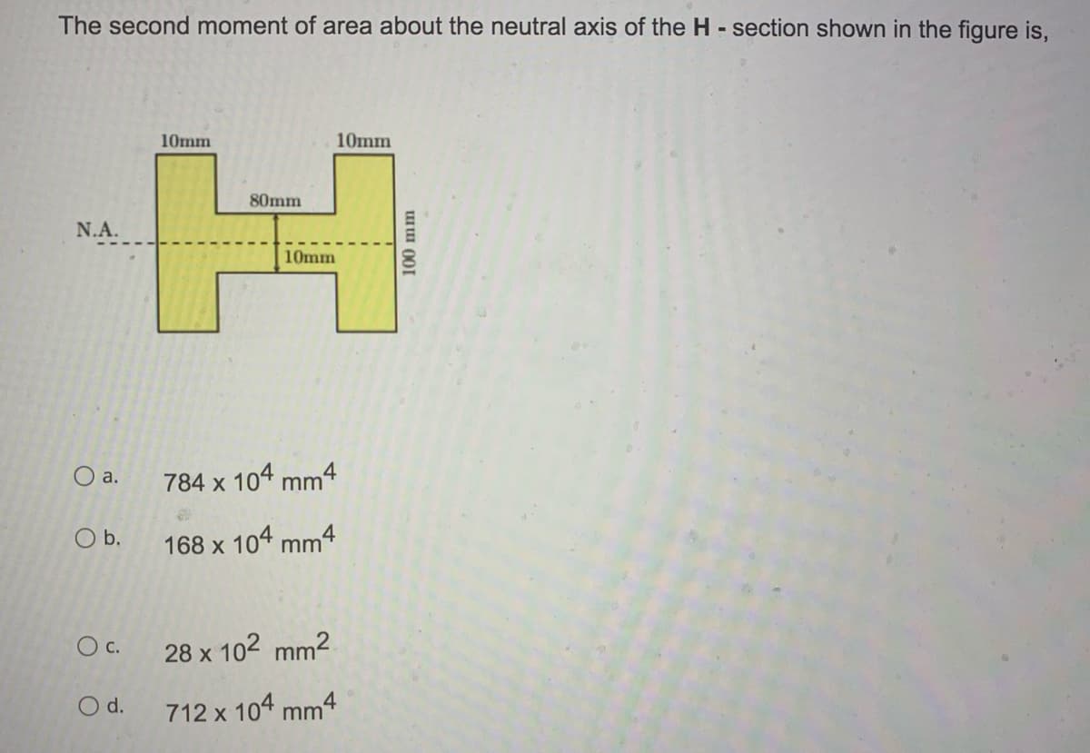 The second moment of area about the neutral axis of the H - section shown in the figure is,
10mm
10mm
80mm
N.A.
10mm
O a.
784 x 104 mm4
Ob.
168 x 104 mm4
C.
28 x 102 mm2
d.
712 x 104 mm4
100 mm
