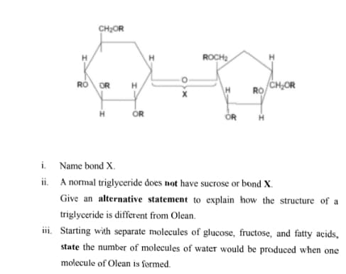 CH;OR
H
ROCH
H
RO OR
CH,OR
H.
RO
OR
OR
H.
i Name bond X.
ii. A normal triglyceride does not have sucrose or bond X.
Give an alternative statement to explain how the structure of a
triglyceride is different from Olean.
iii. Starting with separate molecules of glucose, fructose, and fatty acids,
state the number of molecules of water would be produced when one
molecule of Olean is fermed.
