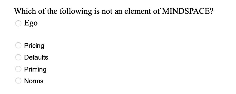 Which of the following is not an element of MINDSPACE?
○ Ego
Pricing
Defaults
Priming
Norms