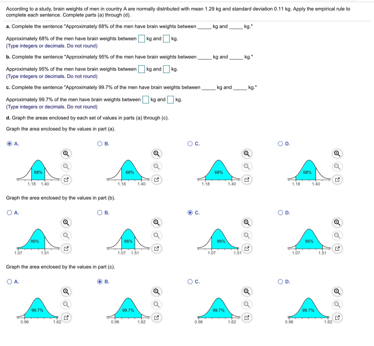 According to a study, brain weights of men in country A are normally distributed with mean 1.29 kg and standard deviation 0.11 kg. Apply the empirical rule to
complete each sentence. Complete parts (a) through (d).
a. Complete the sentence "Approximately 68% of the men have brain weights between
kg and
kg."
Approximately 68% of the men have brain weights between kg and
kg.
(Type integers or decimals. Do not round)
b. Complete the sentence "Approximately 95% of the men have brain weights between
kg and
kg."
Approximately 95% of the men have brain weights between
kg and
kg.
(Type integers or decimals. Do not round)
c. Complete the sentence "Approximately 99.7% of the men have brain weights between
kg and
kg."
Approximately 99.7% of the men have brain weights between
kg and
kg.
(Type integers or decimals. Do not round)
d. Graph the areas enclosed by each set of values in parts (a) through (c).
Graph the area enclosed by the values in part (a).
A.
В.
O C.
OD.
68%
68%
68%
68%
1.18
1.40
1.18
1.40
1.18
1.40
1.18
1.40
Graph the area enclosed by the values in part (b).
O A.
В.
С.
D.
Q
95%
95%
95%
95%
1.07
1.51
1.07
1.51
1.07
1.51
1.07
1.51
Graph the area enclosed by the values in part (c).
O A.
В.
C.
D.
99.7%
99.7%
99.7%
99.7%
0.96
1.62
0.96
1.62
0.96
1.62
0.96
1.62
