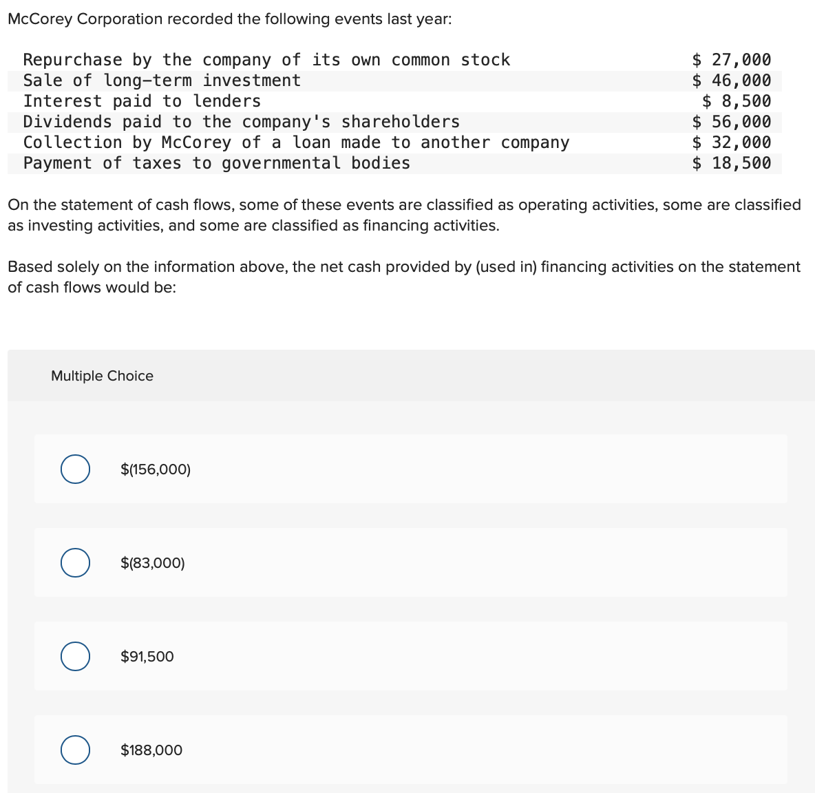 McCorey Corporation recorded the following events last year:
Repurchase by the company of its own common stock
Sale of long-term investment
Interest paid to lenders
Dividends paid to the company's shareholders
Collection by McCorey of a loan made to another company
Payment of taxes to governmental bodies
On the statement of cash flows, some of these events are classified as operating activities, some are classified
as investing activities, and some are classified as financing activities.
Based solely on the information above, the net cash provided by (used in) financing activities on the statement
of cash flows would be:
Multiple Choice
O $(156,000)
$(83,000)
$ 27,000
$ 46,000
$ 8,500
$ 56,000
$ 32,000
$ 18,500
$91,500
$188,000