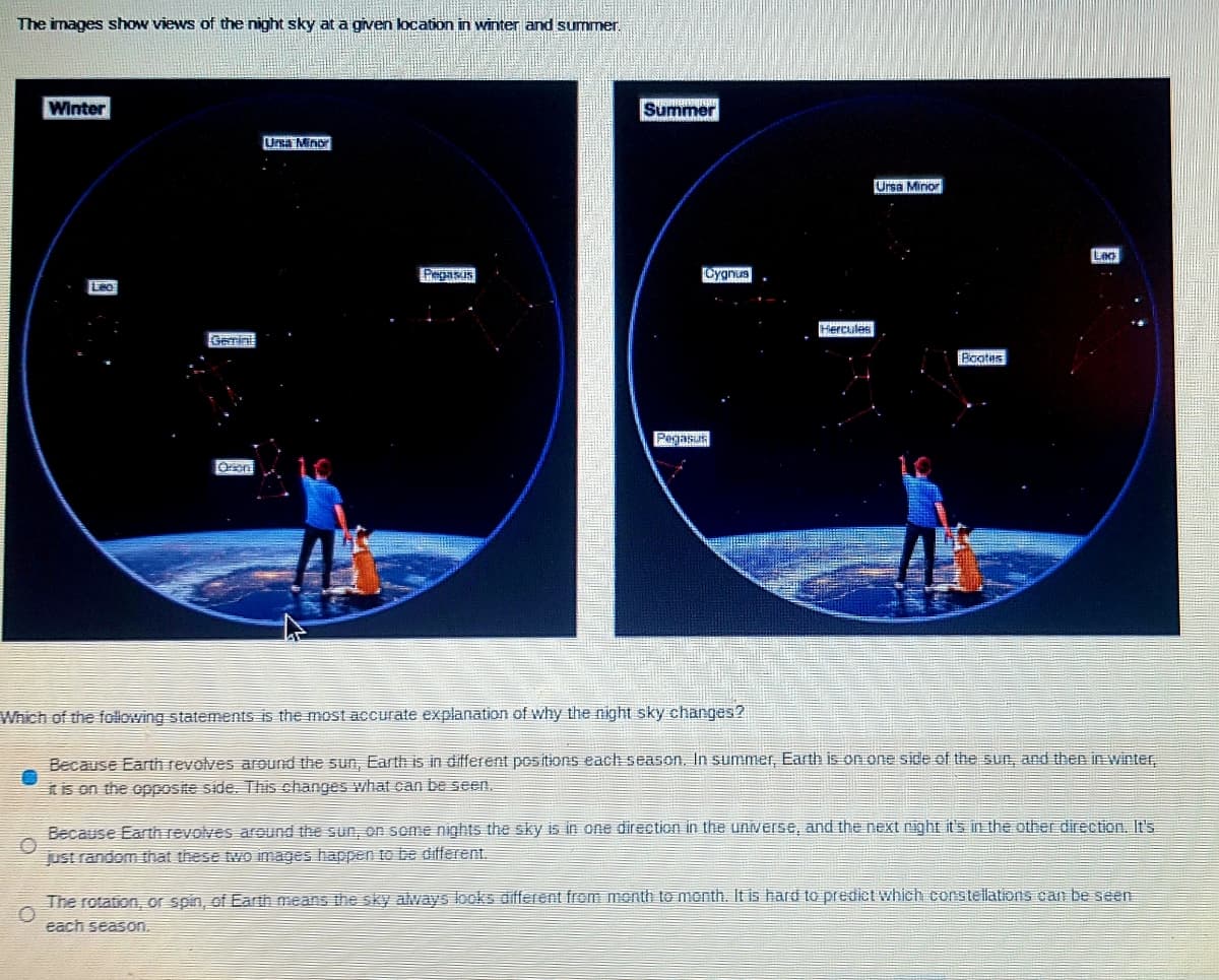 The images show views of the night sky at a given location in winter and summer.
Winter
Summer
Ursa Minor
Ursa Minor
Pegasus
Cygnus
Hercules
Gemint
Eootas
Pegasus
Oren
Which of the following statements is the most accurate explanation of why the night sky changes2
Because Earth revolves aound the sun, Earth is in different positions each season. In summer, Earth is on one side of the sun, and thee inwinter,
tis on the opposite side. This changes what can be seen.
Because Earth revolves around the sun, on some nights the sky is in one direction in the universe, and the next right it's in the other direction. It's
just random hat these two images happen to be different.
The rotation, or spin, of Earth means the sky always looks different from month to month. It is hard to predict which constellations can be seen
each season.
