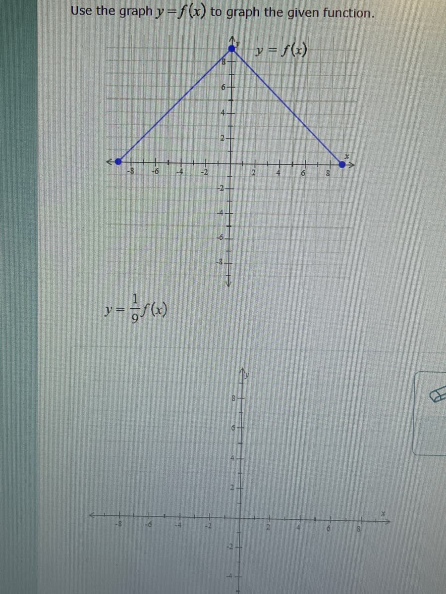 **Transcription for Educational Website**

**Task: Graphing a Function**

"Use the graph \( y = f(x) \) to graph the given function."

**Graph 1: \( y = f(x) \)**

- The graph is a blue triangle-shaped plot on a Cartesian plane.
- The x-axis and y-axis range from -8 to 8.
- The function forms a V-shape, with the vertex at the point (0, 8).
- The function intercepts the x-axis at (-8, 0) and (8, 0), indicating these are the roots.
  
**Graph 2: \( y = \frac{1}{9}f(x) \)**

- This graph is currently not plotted, represented as an empty coordinate plane.
- The axes range from -8 to 8 on both the x and y scales, just like the first graph.

**Explanation: Transformation of the Function**

The task involves transforming the original function \( y = f(x) \) by scaling it vertically. The function \( y = \frac{1}{9}f(x) \) represents a vertical compression by a factor of \(\frac{1}{9}\). This transformation will reduce the height of each point on the graph \( y = f(x) \) to \(\frac{1}{9}\) of its original value. Hence, the graph that currently peaks at 8 will peak at \(\frac{8}{9}\).

**Steps to Graph \( y = \frac{1}{9}f(x) \):**

1. Identify key points on the original graph, such as the vertex and x-intercepts.
2. Multiply the y-coordinate of each point by \(\frac{1}{9}\).
3. Plot the transformed points and connect them to maintain the V-shape.

This exercise demonstrates how transformations affect the shape and position of graphs in the coordinate system.