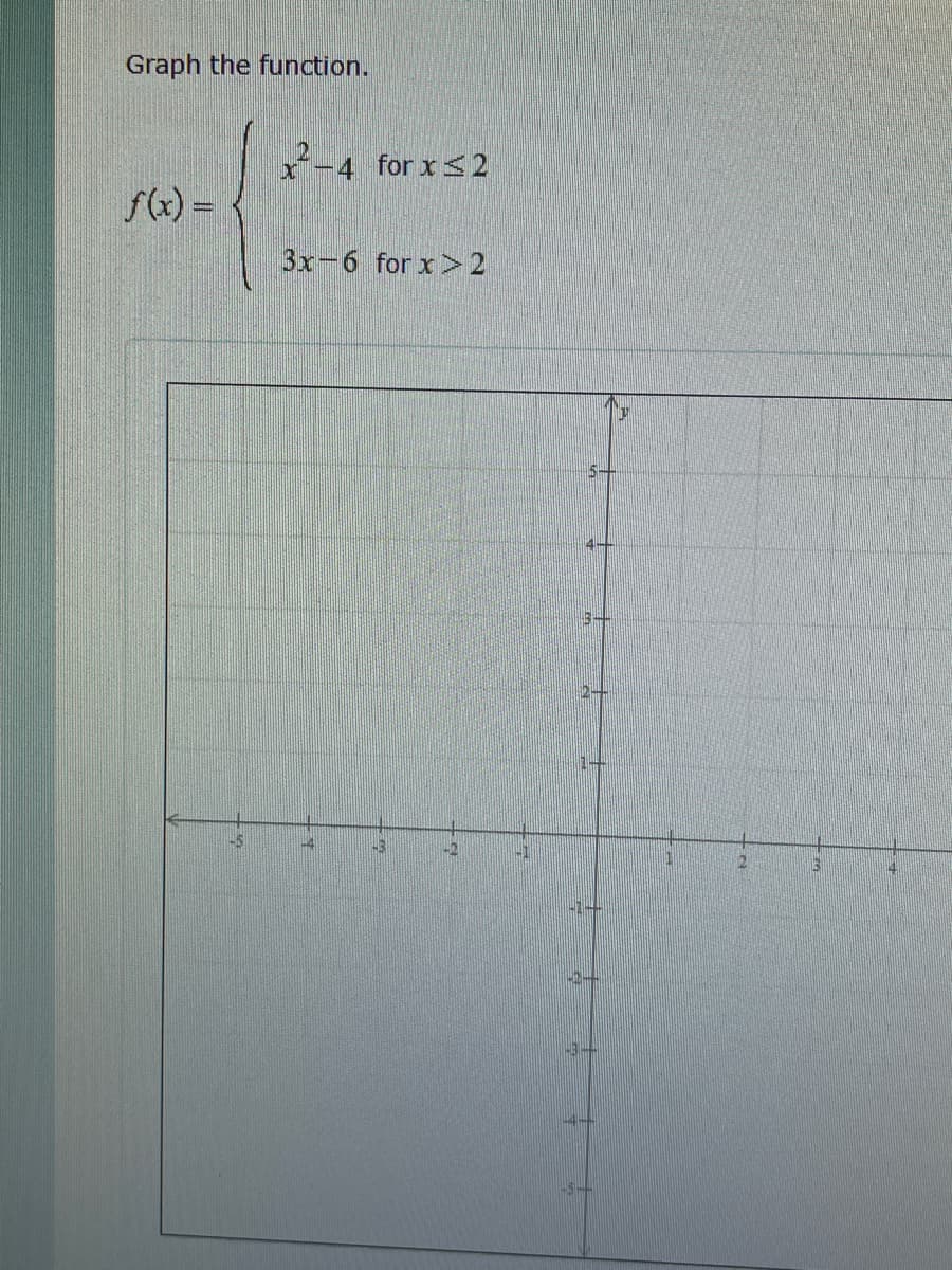 Graph the function.
f(x) =
1-5
2
-4 for x ≤ 2
3x-6 for x>2
1-4
+3
20
5-
1414
--1--
12-
|-3--
BOND
111
2
13