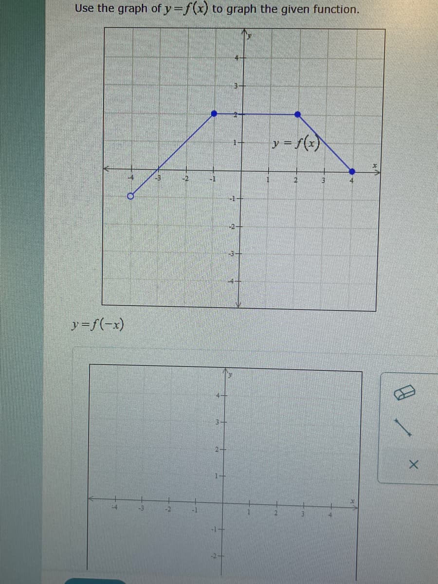 Use the graph of y=f(x) to graph the given function.
y = f(-x)
14
+4
43
-3
1-2
-2
-1
-1-
1
y = f(x)
12
2
3
3
14
4