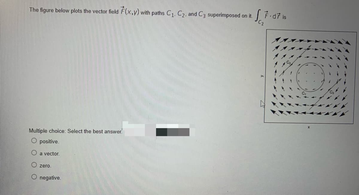 |7-d7 is
C2
The figure below plots the vector field F(x,y) with paths C1, C2, and C3 superimposed on it.
Multiple choice: Select the best answer.
O positive.
O a vector.
O zero.
O negative.
