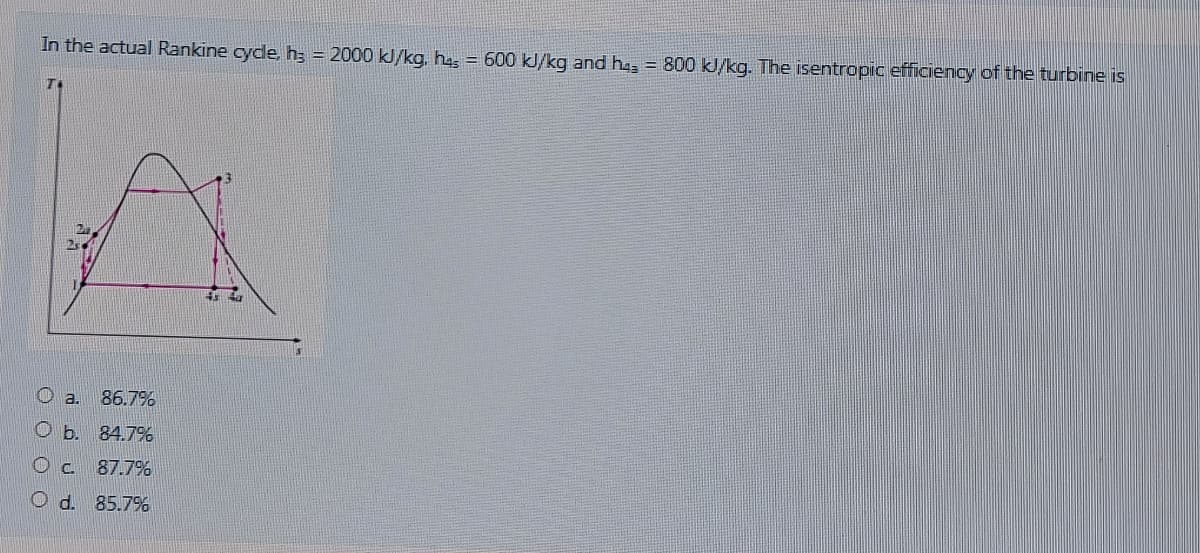 In the actual Rankine cyde, h; = 2000 kJ/kg, has = 600 kJ/kg and ha, = 800 kJ/kg. The isentropic efficiency of the turbine is
O a.
86.7%
O b.
84.7%
87.7%
O d. 85.7%
