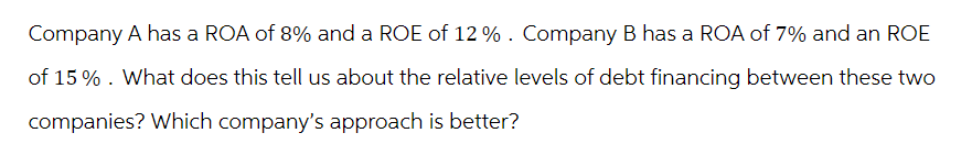 Company A has a ROA of 8% and a ROE of 12 % . Company B has a ROA of 7% and an ROE
of 15%. What does this tell us about the relative levels of debt financing between these two
companies? Which company's approach is better?