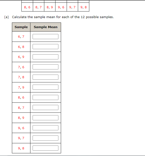 8,6 8,7 8,9 9,6 9,7 9,8
(a) Calculate the sample mean for each of the 12 possible samples.
Sample Sample Mean
6, 7
6,8
6,9
7,6
7,8
7,9
8,6
8,7
8,9
9,6
9,7
9,8
[