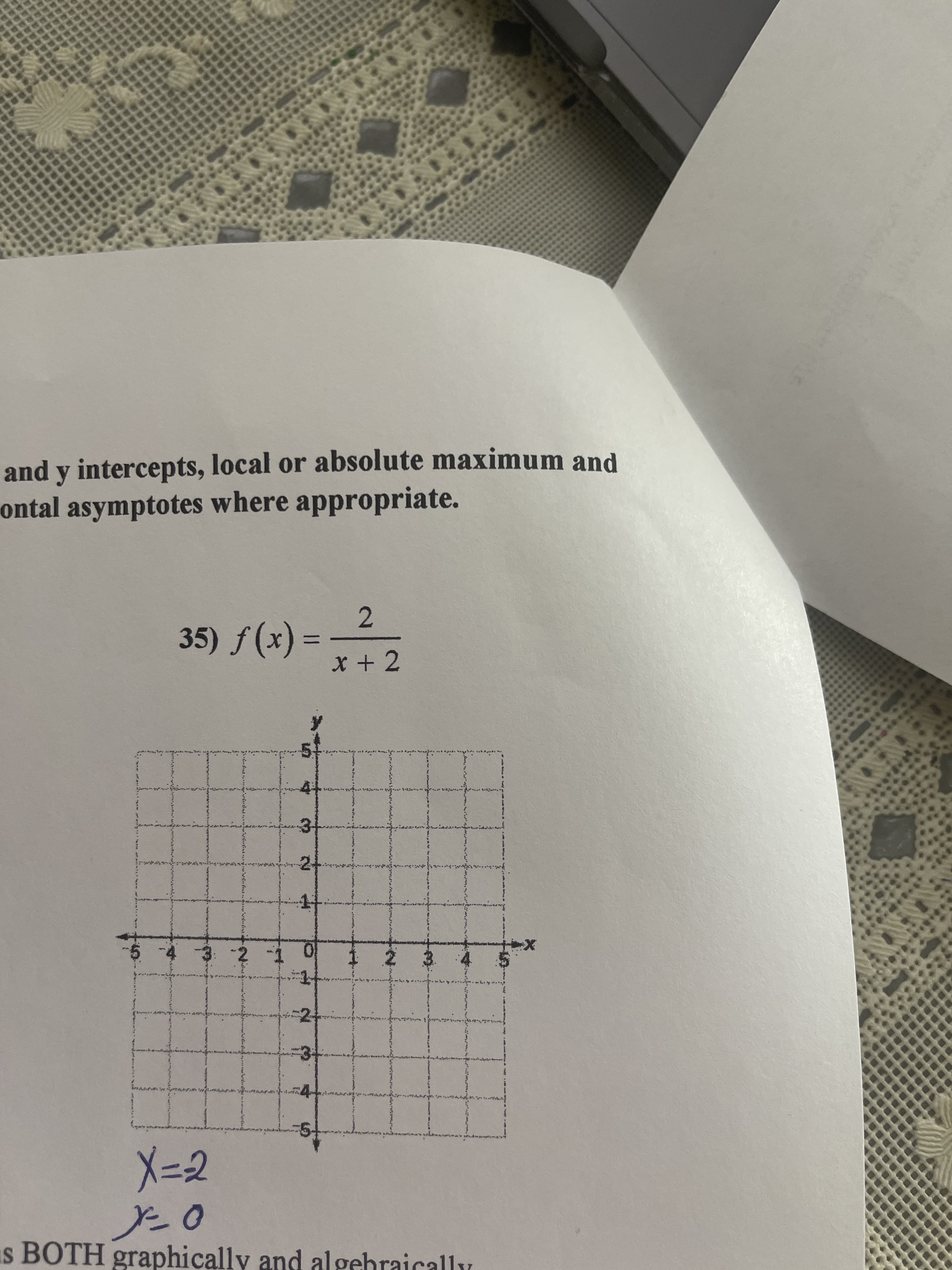 and y intercepts, local or absolute maximum and
ontal asymptotes where appropriate.
%3D
=(x)f (s)
-4 3 2 -1
2.
3D2
s BOTH graphically and algehraically
