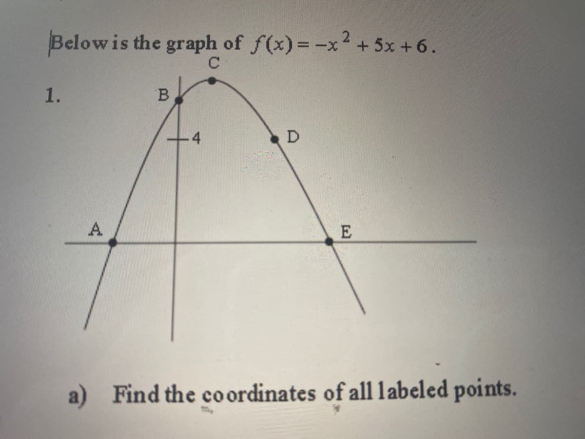 Below is the graph of f(x)= -x2 + 5x +6.
C
1.
B
4
D
a) Find the co ordinates of all labeled points.
